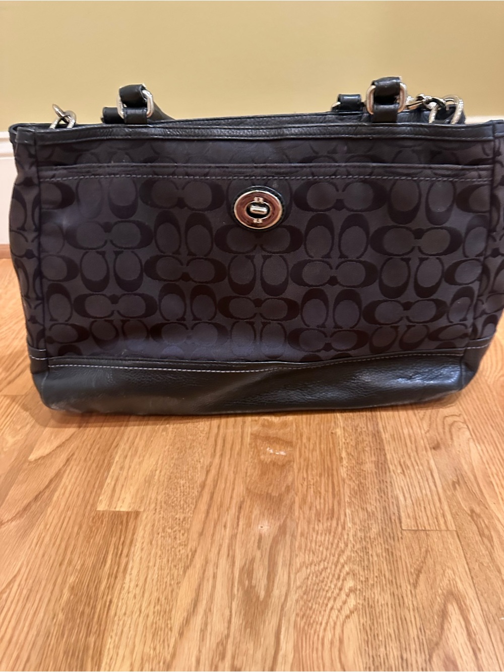 Coach Black Signature Tote with Turnlock Accent